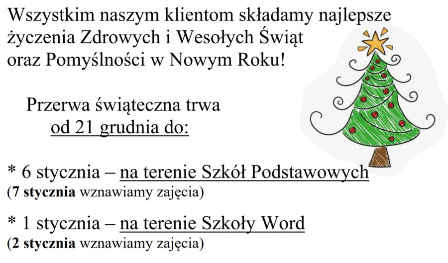 Świąteczne życzenia dla naszych klientów oraz informacje o pracy szkoły w przerwie świątecznej