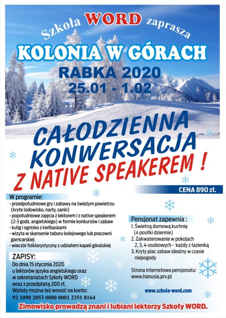 Szkoła WORD zaprasza - kolonia w górach - Rabka 2020